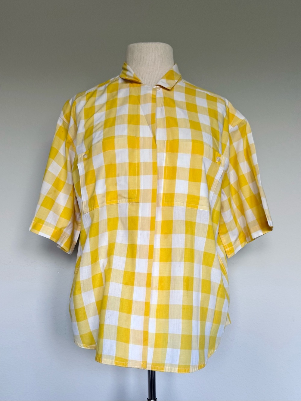 vintage yellow and white gingham short-sleeve button-down shirt by messages